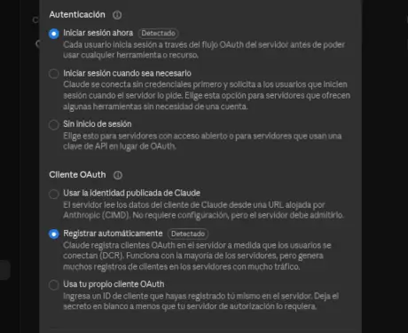 Las opciones de Autenticación y Cliente OAuth que Claude marca solas al agregar el conector