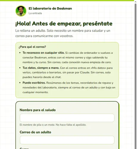 La página «Antes de empezar, preséntate» de Beakman, con el formulario