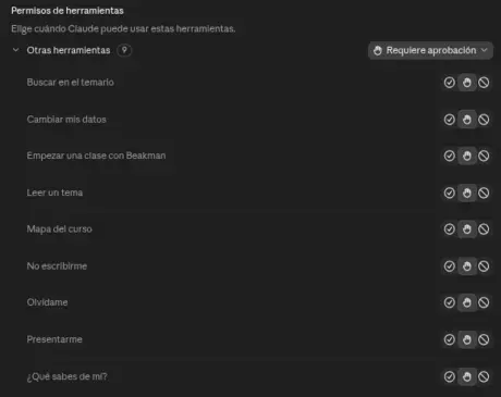 Los permisos de las herramientas del conector beakman en los ajustes de Claude